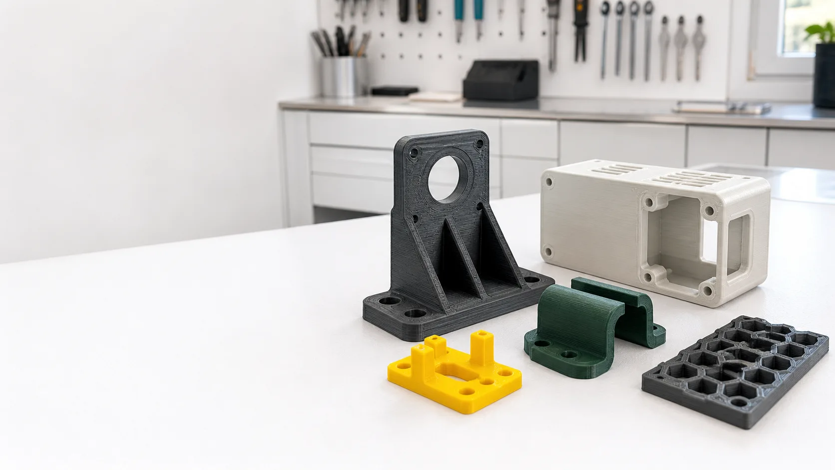 Pièces techniques fabriquées en impression 3D dans un atelier clair